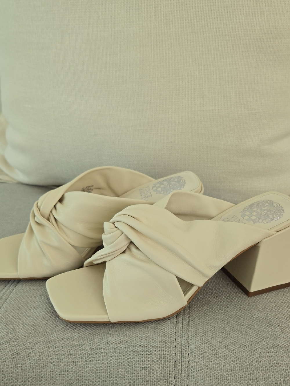 Vince Camuto Leather Cream Knotted Block Heel Slides - NWOT